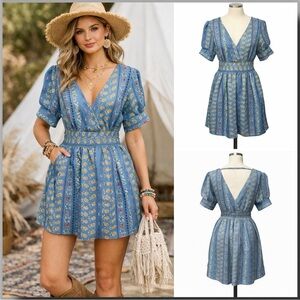 129 ASOS | EUC Blue Pineapple Print Short Sleeve Wrap Mini Dress (size S)